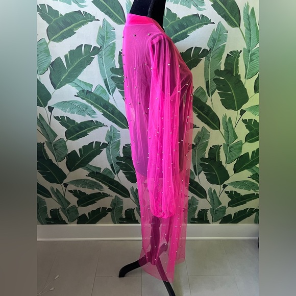 Pink Lily Womens Pink Sheer Silver Pearled Duster Open Front Jacket Medium NWOT - Picture 4 of 7
